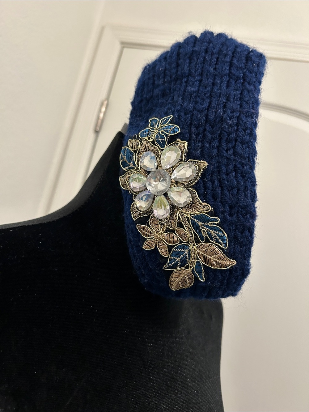 Embellished Knit Headband - Navy with Crystal Floral Accent